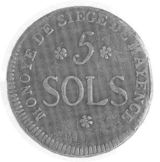 5 sols 1793, Aw: W wieńcu rózgi liktorskie, w otoku napis, Rw: Nominał, w otoku napis, rzadka w tym stanie