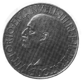 20 lirów 1936, Aw: Głowa króla Wiktora Emanuela, napis wokół, Rw: Kwadryga, bardzo rzadka- wybito 10.000 sztuk