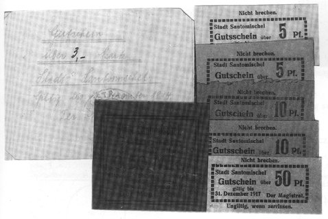 Santomischel (Zaniemyśl) 0.50 marki 31,12.1914, 0.5, 1, 2 i 3 marki 31,12.1914, 5 fenigów (2 odmiany), 10 fenigów(2 odmiany), 50 fenigów 31,12.1917, Schoenawa 1 (250-DM), 4, 5, 6, 7, 15, 16, 17, razem 10 sztuk