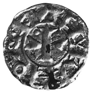 nieokreślone naśladownictwo denarów Narbony, Aw: Krzyż fantazyjny, w polu kulka i napis: RAMVNDVS, Rw:4 kulki i zniekształcony napis: NAIbONA, Boudeau 755, Poey d Avant 3843