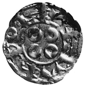 nieokreślone naśladownictwo denarów Narbony, Aw: Krzyż fantazyjny, w polu kulka i napis: RAMVNDVS, Rw:4 kulki i zniekształcony napis: NAIbONA, Boudeau 755, Poey d Avant 3843
