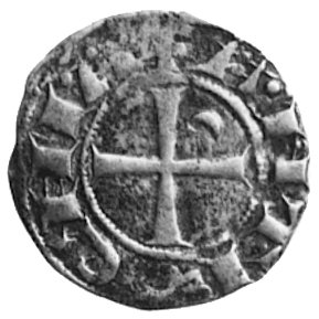 Antiochia- Bohemud III 1149-1163, denar, Aw: Popiersie rycerza w kolczudze i hełmie na głowie, w polu pół księżyci gwiazdka, w otoku napis: BOANVMDVS, Rw: Krzyż, w polu półksiężyc i napis: ANTIOCHIA, Metcalf II 257