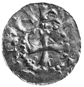 książę Ordulf saksoński, nieznana mennica, obol, Aw: Krzyż na kotwicy lub litera omega i napis: ODDV ME FIT (Ottomnie zrobił), Krzyż i napis, Dbg 1288