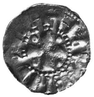 Bernhard I lub II - XI w., denar, Aw: Zniekształcona głowa i imitacja napisu, Rw: Krzyż i zniekształcony napis, patrzskarb z Dietrichsfeld, Dbg 1298