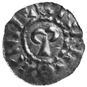 denar- XI w., Aw: Podwójny pastorał, Rw: Ozdobna