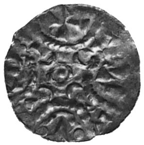 denar- XI w., Aw: Podwójny pastorał, Rw: Ozdobna