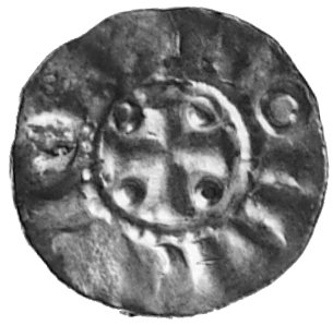 denar- II ćw. XI w., Aw: Krzyż, w polu 4 kulki i zniekształcony napis, Rw: Kula i zniekształcony napis, Dbg. 1299
