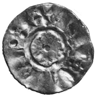 denar- II ćw. XI w., Aw: Krzyż, w polu 4 kulki i zniekształcony napis, Rw: Kula i zniekształcony napis, Dbg. 1299