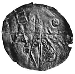 denar, Aw: Dwaj książęta z proporcem, Rw: Krzyż dwunitkowy