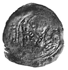 Iwo Odrowąż 1218-1229, denar, Aw: Książę siedzący na tronie, w otoku nieczytelny napis, Rw: Popiersie biskupamiędzy wieżami