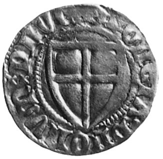 Konrad III von Jungingen 1393-1407, szeląg, Aw: Tarcza Wielkiego Mistrza i napis, Rw: Tarcza Zakonu i napis,Vossberg 269