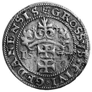 grosz oblężniczy 1577, Gdańsk, Aw: Herb Gdańska i napis, Rw: Półpostać Chrystusa i napis, Gum.775, Kurp.346 R2