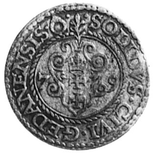 szeląg 1579, Gdańsk, Aw: Orzeł Ziem Pruskich i napis, Rw: Herb Gdańska i napis, Gum.788, Kurp.373 R
