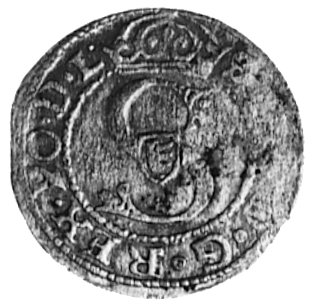 szeląg 1582, Ryga, Aw: Monogram królewski i napi