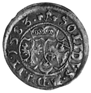 szeląg 1583, Wilno, Aw: Monogram królewski i napis, Rw: Herby i napis, Gum.746, Kurp.269 R