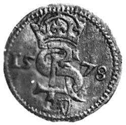 dwudenar 1578, Mitawa, Aw: Monogram królewski, Rw: Pogoń, Kurp.250 R4, H-Cz.618 R2, T.8, moneta uznawanaprzez większość numizmatyków za monetę litewską ale herb Kettlerów świadczy, że była ona bita w Kurlandiiw Mitawie