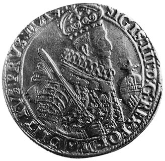 talar 1629, Bydgoszcz, Aw: Popiersie w koronie i napis, Rw: Tarcza herbowa i napis, Gum.1218, Dav.4315,Kurp. 1631 R