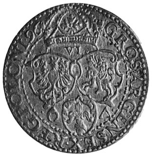 szóstak 1596, Malbork, Aw: Popiersie w koronie i napis, Rw: Tarcze herbowe i napis, Gum.1151, Kurp.1430 R1