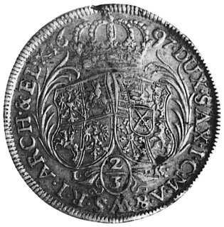 2/3 talara (gulden) 1697, Drezno, Aw: Popiersie 