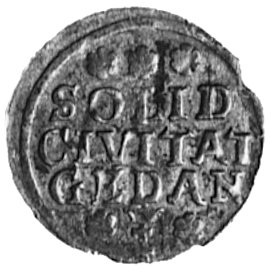 szeląg 1715, Gdańsk, Aw: Monogram królewski, Rw: Napis, Bahrfeldt- Marienburg 8586, Gum.2069, Kop.313.I -rrr-,bardzo rzadka moneta w wyjątkowo pięknym stanie zachowania