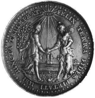 Rozejm w Sztumskiej Wsi 1635- medal autorstwa S. Dadlera i J. Höhna sen., Aw: Alegorie Wiary z tarczą słonecznąi Pobożności z gałązką na tle panoramy Gdańska