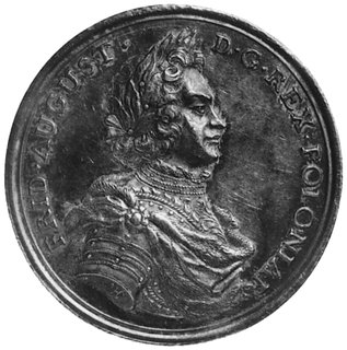 medal koronacyjny Augusta II Sasa, wybity w 1697 r., sygn. MO (Martin Heinrich Omeis- medalier drezdeński), Aw:Popiersie króla w ozdobnej zbroi i napis wokół, Rw: Okrągła tarcza herbowa Polski i Litwy a na niej tarcza herbowaSaksonii i napis wokół: SAC ROM IMP.....CORONAT D 15 SEPT ANNO 1697, H-Cz.2590 (podobny), srebro 44 mm,58.08 g., patyna