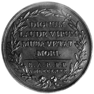 medal sygnowany P Holzhaeusser F, wybity w 1780 r. dla upamiętnienia zasług biskupa warmińskiego IgnacegoKrasickiego, Aw: Popiersie Krasickiego i napis wokół, Rw: W wieńcu napis w sześciu poziomych wierszach:DIGNUM LAUDE VIRUM MUSA VETAT MORI, H-Cz.3920 R2, brąz 43.5 mm, 36.51 g.