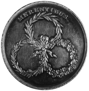 medal nagrodowy b.d., sygnowany IPH (Jan Filip Holzhaeusser) ustanowiony w 1766 roku i przyznawany przez królaludziom nauki, wynalazcom i zasłużonym w innych dziedzinach, Aw: Głowa króla i napis: STANISLAUS..., Rw: Trzywieńce związane szarfą i napis: MERENTIBUS, H-Cz.3380 R3, srebro 53 mm, 63.28 g, piękna patyna