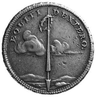 medal nagrodowy b.d., niesygnowany dla zwycięzców turniejów rycerskich, Aw: Ukoronowany monogram królewskiw wieńcu z gałązek laurowych, Rw: Włócznia i napis: EQUITI DEXTERO, H-Cz.3392 i 3393 (złoto i srebro), rantliściasty, brąz 27.5 mm, 13.1 g.