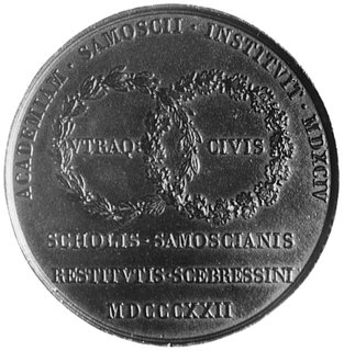 medal autorstwa J. Gatteaux z okazji przeniesienia Akademii Zamojskiej do Szczebrzeszyna, Aw: Popiersie JanaZamoyskiego i napis, Rw: Dwa wieńce i napisy, H-Cz.4067, odlew żelazny 49.5 mm, 47.29 g.