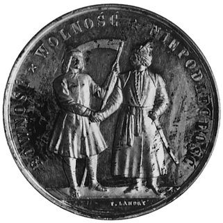 medal patriotyczny sygnowany F. LANDRY wybity w 1863 roku dla upamiętnienia Powstania Styczniowego, Aw:Napis pamiątkowy i tarcza herbowa, Rw: Szlachcic i chłop podają sobie dłonie oraz napis, H-Cz.5376, cyna 37.5 mm,24.07 g.