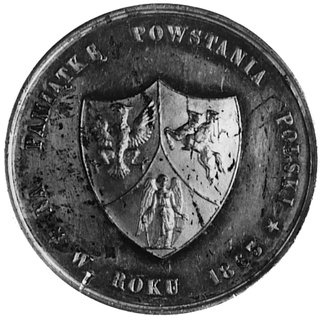 medal patriotyczny sygnowany F. LANDRY wybity w 1863 roku dla upamiętnienia Powstania Styczniowego, Aw:Napis pamiątkowy i tarcza herbowa, Rw: Szlachcic i chłop podają sobie dłonie oraz napis, H-Cz.5376, cyna 37.5 mm,24.07 g.