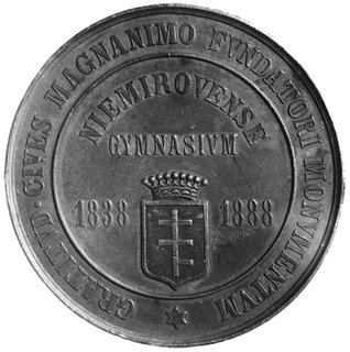 medal sygnowany L.STEINMANN wykonany w 1888 roku w Petersburgu z okazji 50-lecia Gimnazjum w Niemirowie,Aw: Popiersie hrabiego Potockiego i napis, Rw: Herb Potockich i napisy, H-Cz.8119 R, brąz 54 mm, 59,54 g.