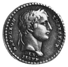medalik sygn. DEN JEUFF (Denon i Jeuffroy) wybity w 1804/1805 r., Aw: Głowa Napoleona i napis, Rw: Dwajantyczni wojownicy niosący cesarza na tarczy i napis, srebro 13 mm, 1.35 g.