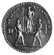 medalik sygn. DEN JEUFF (Denon i Jeuffroy) wybity w 1804/1805 r., Aw: Głowa Napoleona i napis, Rw: Dwajantyczni wojownicy niosący cesarza na tarczy i napis, srebro 13 mm, 1.35 g.