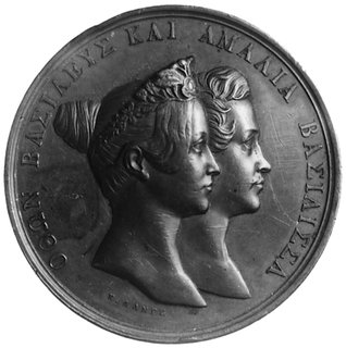 medal sygn. K §AN°E wybity w 1836 r. ku czci greckiej pary królewskiej, Aw: Popiersia pary królewskiej i napis, Rw:Herby małżonków na tle korony i płaszcza królewskiego, niżej leżący lew, brąz 44 mm, 46.23 g, patyna