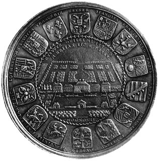 medal sygnowany ARON DEAUX F wybity w 1697 roku z okazji traktatu pokojowego w Ryswick zawartegopomiędzy Francją, Holandią, Anglią i Hiszpanią uznającego Wilhelma III królem Anglii, Aw: Zamknięcie drzwiświątyni Janusa symbolizujące koniec wojny i napis, Rw: Plan obozu wojskowego