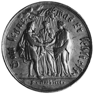 medal na 5 rocznicę ślubu (XVIII w.), Aw: Alegoryczna scena zaślubin i napis, Rw: Scena w sypialni i napis, lanyi cyzelowany