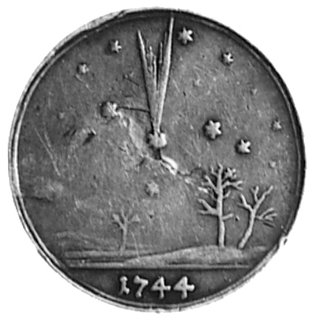 Hamburg, medal niesygn, wybity w 1744 roku z okazji pojawienia się komety, Aw: Scena lotu komety ku Ziemi i data,Rw: Napis w sześciu poziomych wierszach, Brett.2276, Gaed.1843, srebro 22 mm, 2.27 g.