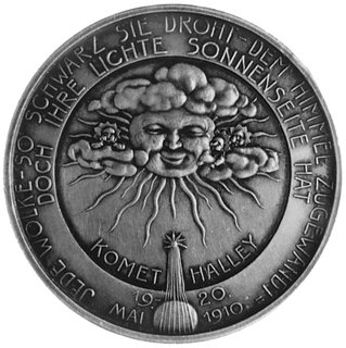 medal Karla Goetza wybity w 1910 r. z okazji pojawienia się komety Halleya, Aw: Słońce, niżej kometa i wokółnapisy, Rw: Alegoryczna scena pojawienia się komety, wokół znaki zodiaku, Kienast 71. srebro 45, 30.55 g., patyna