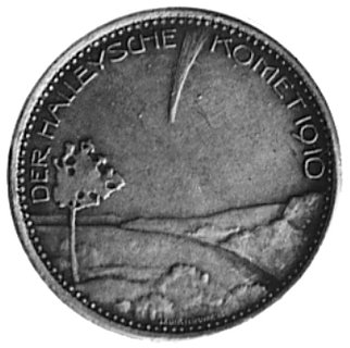 medal sygnowany LAUER NURNBERG, wybity w 1910 r. dla upamiętnienia pojawienia się komety Halleya, Aw:Widok lecącej komety i napis, Rw: Nagi klęczący mężczyzna, kometa i napis, na rancie: SILBER 990, srebro 20.5 mm,3.13 g.
