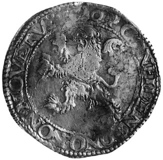 talar lewkowy 1610, Zachodnia Fryzja, Aw: Rycerz z tarczą herbową, w otoku napis, Rw: Stojący lew, w otoku napis,Delm.836 R3 (suplement)