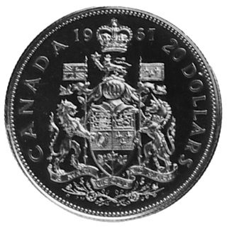 20 dolarów 1967, Ottawa, Aw: Popiersie królowej Elżbiety II, w otoku napis, Rw: Ozdobna tarcza herbowa, w otokunapis, Fr.5