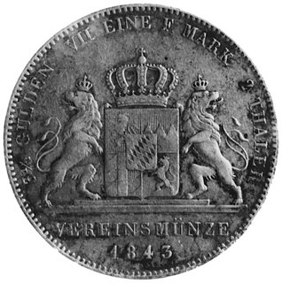 podwójny talar 1843, Aw: Głowa Ludwika I, w otoku napis, Rw: Dwa lwy trzymające tarczę herbową, poniżeji w otoku napisy, Thun 74
