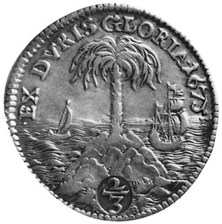 gulden 1675, Aw: Popiersie w prawo, w otoku napis, Rw: Wyspa z palmą na tle morza z dwoma statkami, powyżejnapis, Dav.376, Welter 1729