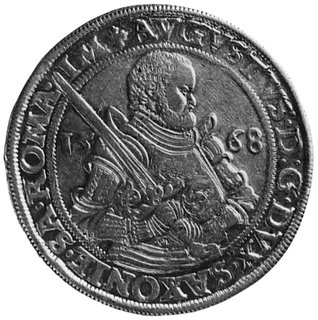 August 1553-1586, talar 1568, Aw: Półpostać księcia z mieczem, w otoku napis, Rw: Wielopolowa tarcza herbowa,w otoku napis, Schnee 721, Dav.9798