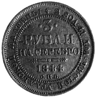 3 ruble 1844, Petersburg, Aw: Orzeł dwugłowy, Rw: Napisy w poziomie i w otoku, Uzdenikow 401, Mich.458, platyna