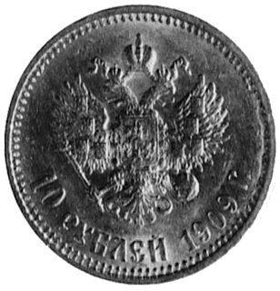 10 rubli 1909, Aw: Głowa w lewo, w otoku napis, Rw: Orzeł dwugłowy, poniżej nominał i data, Uzdenikow 344, rzadkirocznik