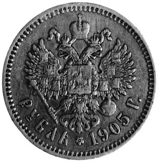 rubel 1905, Aw: Głowa w lewo, w otoku napis, Rw: Orzeł dwugłowy, poniżej nominał i data, Uzdenikow 2109, bardzorzadki