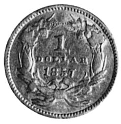 1 dolar 1857, Aw: Głowa w pióropuszu w lewo, w otoku gwiazdki, Rw: W wieńcu nominał i daty